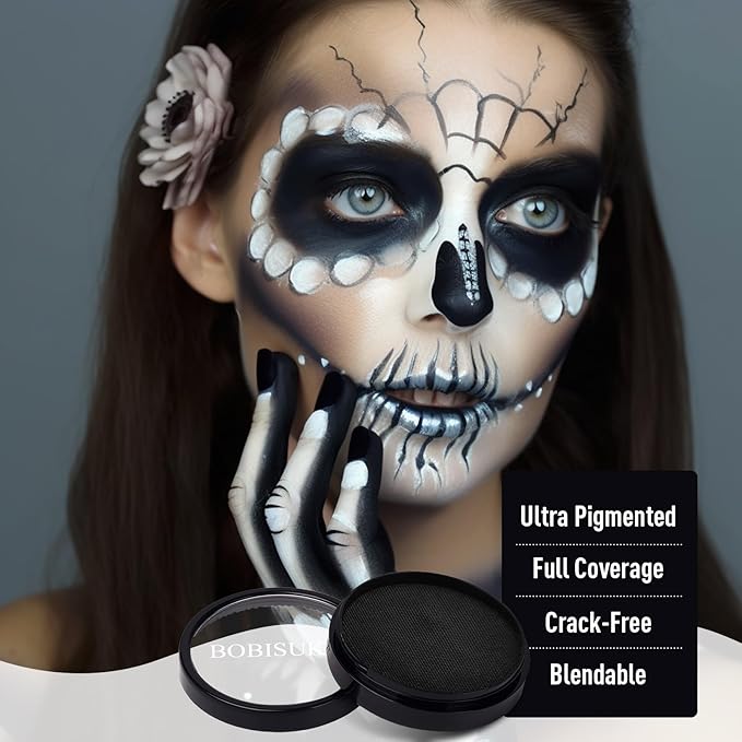 BOBISUKA Black Face Body Paint, Water-Based Face Painting Kit & Body Paints, Kids Adults Facepaint for Halloween Clown Goth Skeleton Skull SFX Makeup, Costume Cosplay Party Art Theater & Stage