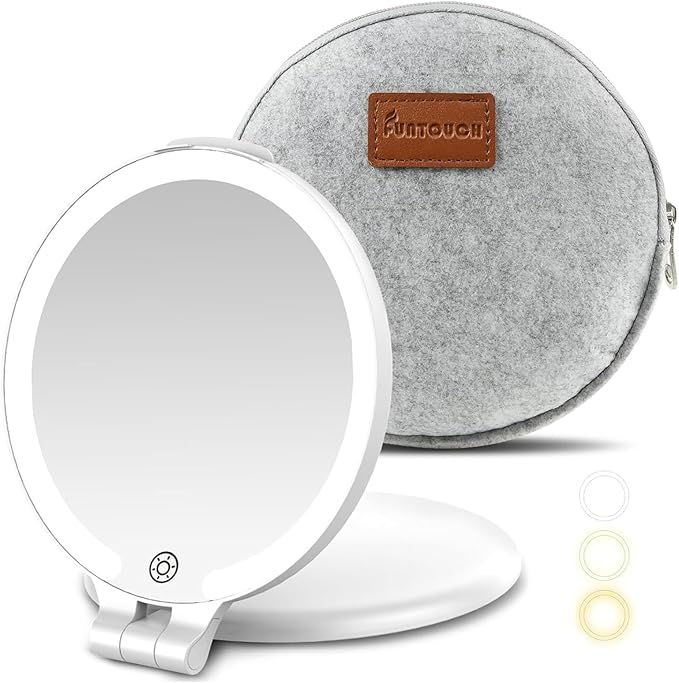 FUNTOUC Travel Mirror with Light, 1X/10X Double Sided Magnification Makeup Vanity Mirror with 3 Color Setting, Chargeable Foldable Portable Travel Essential Vanity Mirror with Bag
