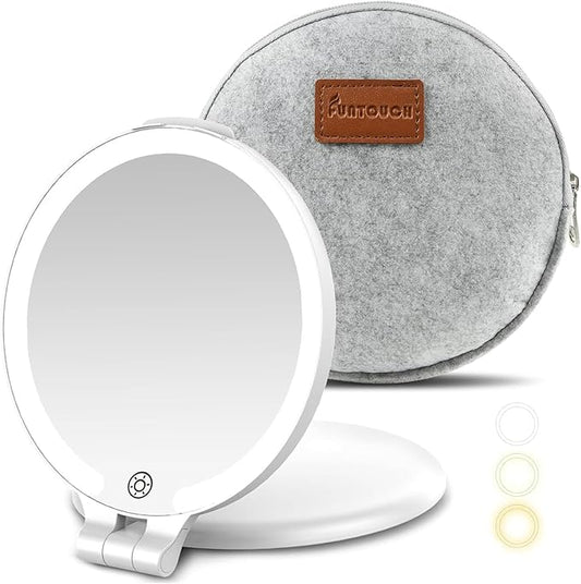 FUNTOUC Travel Mirror with Light, 1X/10X Double Sided Magnification Makeup Vanity Mirror with 3 Color Setting, Chargeable Foldable Portable Travel Essential Vanity Mirror with Bag