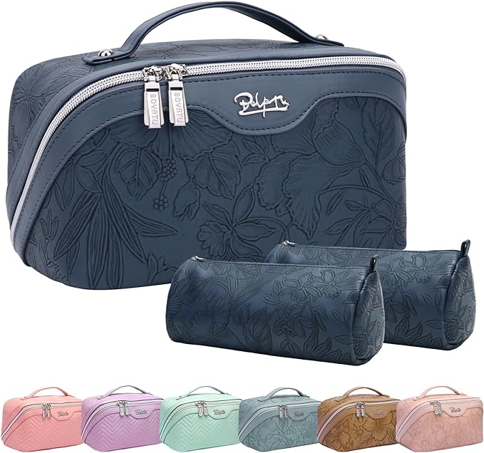 BOYATU Travel Makeup Bags Cosmetic Organizer Bag: 3-Set Large Capacity Make up Bag - PU Leather Toiletry Bags for Women - Wide Open Portable Pouch with Divider & Handle (02-Dark Blue)