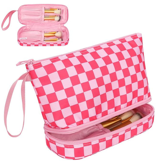 Ethereal Small Travel Makeup Bag, Checker Pink Make up Organizer Bag with Makeup Brush Holder, Portable Cosmetic Bag for Women/Girls