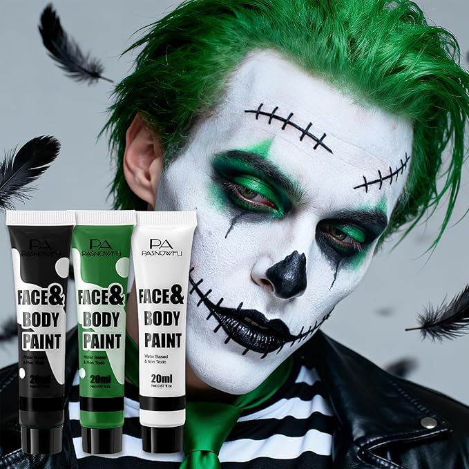 Black White and Green Face Paint - Water-Based Non-Toxic Face Body Paint Kit for Witch Hulk Makeup, Full Coverage Washable Cream for Halloween Cosplay, Costume Parties, Stage Performances