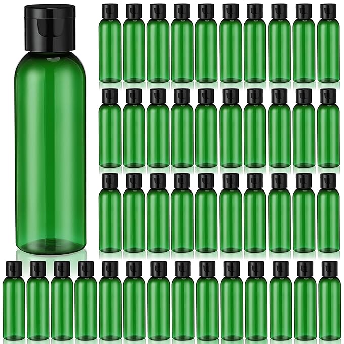Zhehao 200 Pcs 2 oz Green Plastic Empty Bottles Small Travel Size Bottles with Flip Cap Empty Transparent Dispenser Container for Liquids Toiletries Shampoo Lotion (Black Cap)