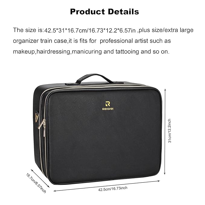 Relavel Extra Large Makeup Bag, Makeup Case Professional Makeup Artist Kit Train Case Travel Cosmetic Bag Brush Organizer, Waterproof Leather Material, with Adjustable Shoulder Straps and Dividers