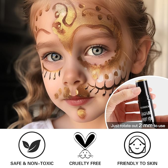 BOBISUKA Metallic Gold Face Body Paint Stick Washable Water-Based Face Paint Makeup Stick for Halloween Skull, Goth, Cosplay, SFX, Sports Eye Black & Costume Party