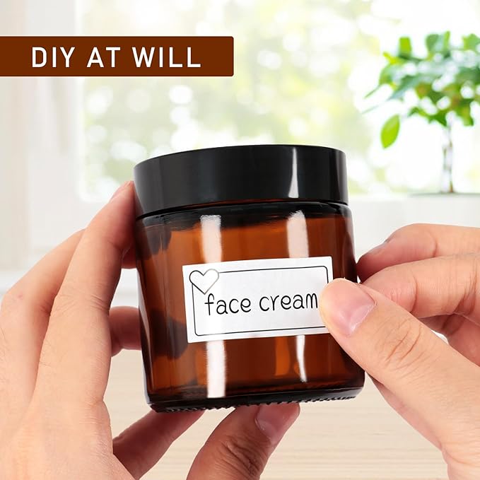 4oz Amber Glass Jars with Lids 2Pack, Small Salve Containers with Inner Seal for Creams, Candles,Accessories and DIY Lotions, White Stickers Included