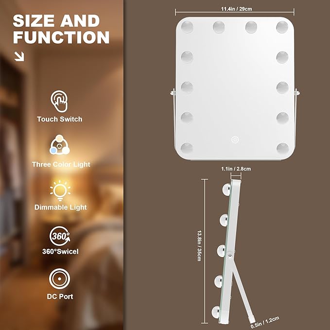 MINISO Vanity Mirror with Lights - 11.4" x 13.8" Hollywood Makeup Mirror with Adjustable Brightness,3 Modes Light, 360°Rotation
