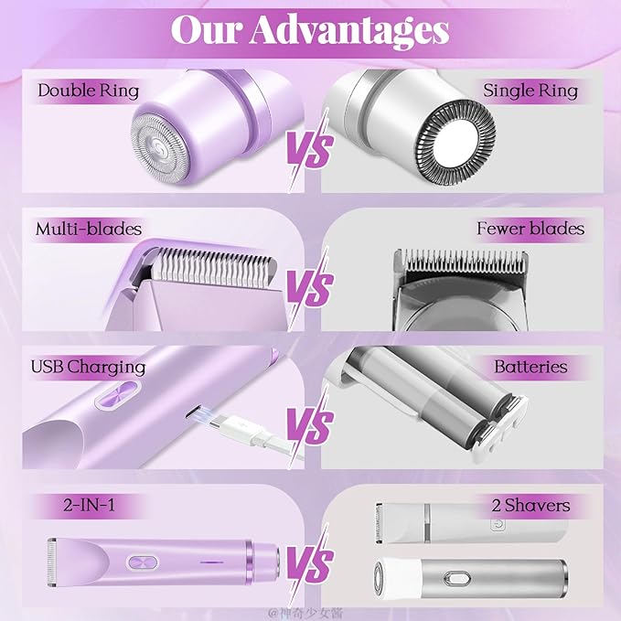 2025 New 2-in-1 Bikini Trimmer for Women, Dermave Bikini Shaver, Hypoallergenic, Wet & Dry IPX7 Waterproof, Cordless Pubic Hair Removal for Bikini, Leg, Arm, Body (Purple)