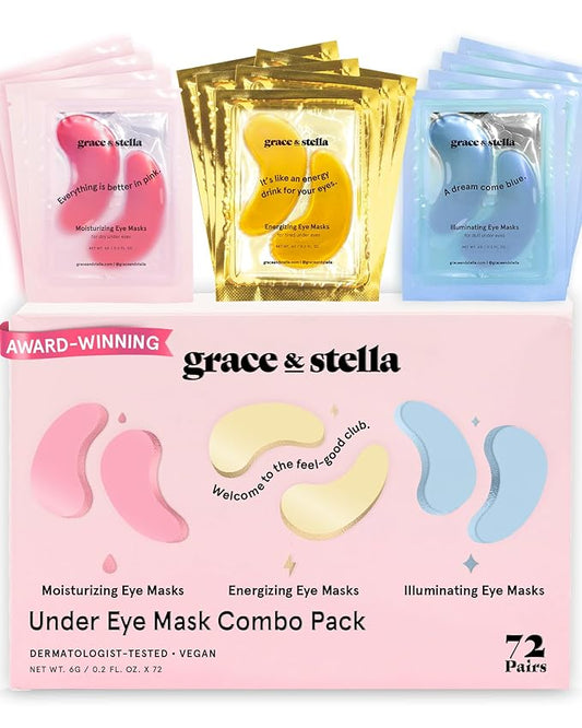 Under Eye Mask - Reduce Dark Circles, Puffy Eyes, Undereye Bags, Wrinkles - Gel Under Eye Patches, Vegan Cruelty-Free Self Care by grace and stella (72 Pairs, GoldPinkBlue)24 Pair (Pack of 3)