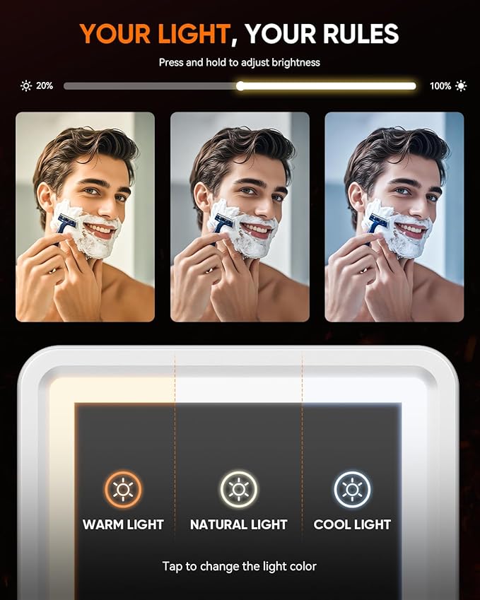 Heated Shower Mirror Fogless for Shaving 2025 New, 3 Colors Stepless Dimmable Lights Anti Fog Shower Mirror, Fog Free Mirror for Shaving with Razor Holder for Men, NO-Drilling, Removable - White