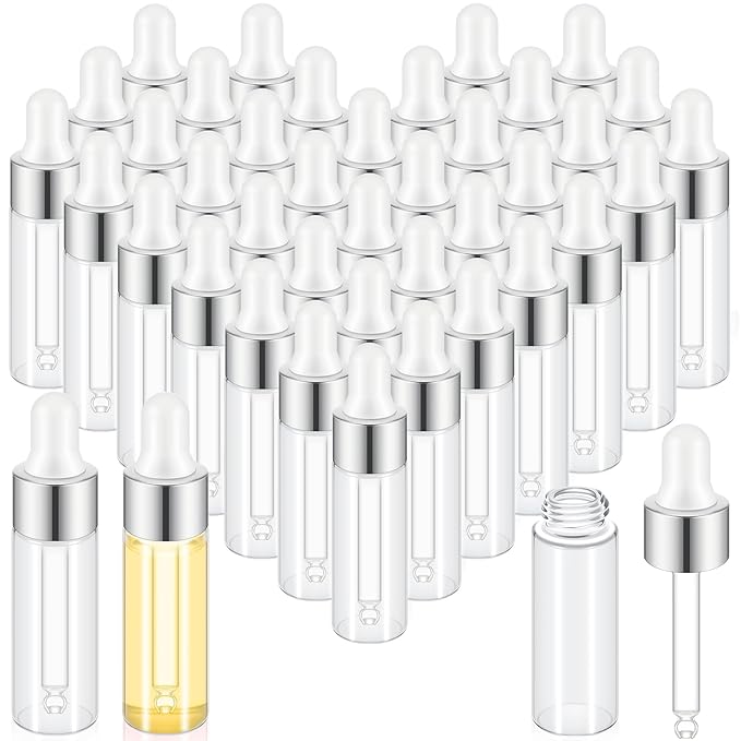 200 Pcs Mini Glass Oil Dropper Bottle Bulk, Clear Essential Small Empty Bottles Sample Containers Perfume Liquid Vials with Cap for Traveling (5 ml,Silver)
