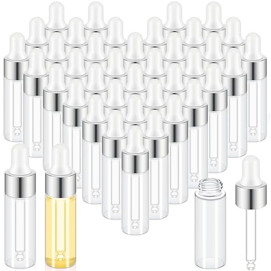 200 Pcs Mini Glass Oil Dropper Bottle Bulk, Clear Essential Small Empty Bottles Sample Containers Perfume Liquid Vials with Cap for Traveling (5 ml,Silver)