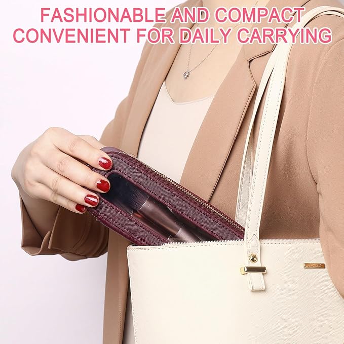 Pinkmik Travel Clear Makeup Bag with Brush Bag Portable Cosmetic Bag Case Transparent Toiletry Bag Cosmetic Organizer Storage Bag for Women (X/Burgundy, L+SLIM)