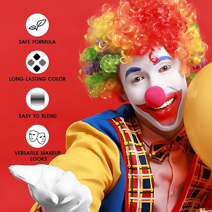 JAOJAO Clown Makeup Kit, Clown Makeup with White Blue Red Black clown Face Paint, 4 Sponges, 2 Red Nose, Painting Brushes, for Creepy Halloween Special Effects Sfx Cosplay Costume Parties