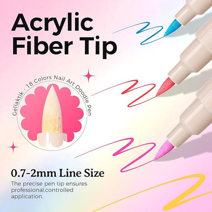 GELLAKTIK 18 Colors Nail Art Pens Set, 3D Nail Polish Pens Quick-Drying Acrylic Paint Markers, Dotting Liner Brush for DIY Nail Design, Home & Salon Manicure Tools