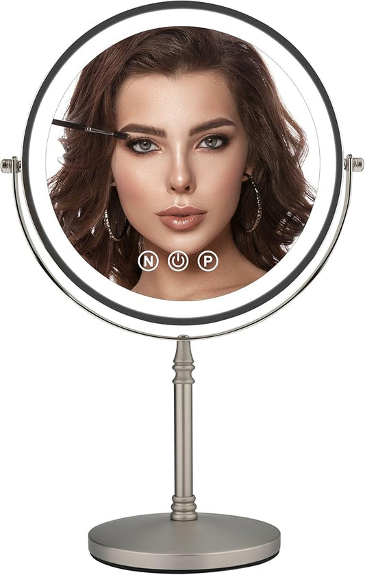 9" Large Makeup Mirror with Lights, 1X/10X Magnifying Vanity Mirror with 3 Colors Dimmable Lightning, 80 LED Lights, 360°Rotation Double Sided Standing Lighted Makeup Mirror Nickel