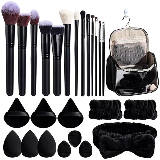 BS-MALL Makeup Brush Set with Waterproof Travel Bag & Makeup sponges -26 Pcs Set Triangle Puff & Face Washing Puffs,Face Wash Headband Wristband for Travel Go Camping Gift & Makeup Beginners (Black)