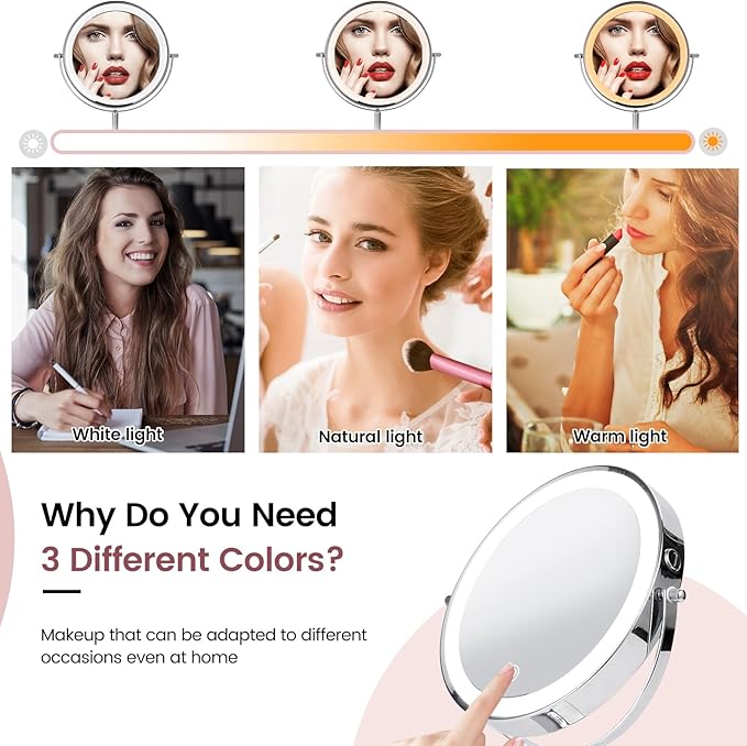 8" Makeup Mirror with Lights, Vanity Mirror with 1X/10X Magnification, Touch Screen 3 Colors Dimmable 54 LED Lights Brightness Adjustable 360° Rotation for Tabletop