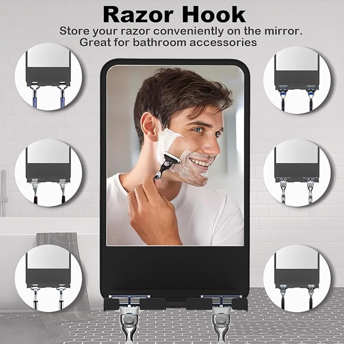 Shower Mirror for Shaving Fogless with Multifunctional Storage for Razor and Shaving Foam Canister,Adjustable Angle Mirror (Black)