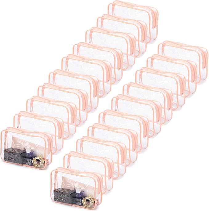 Tbestmax 20 Pack Clear Cosmetic Bags Makeup Bags Portable Waterproof Travel Toiletry Bags Organizer Peach Pink, 7.5"x 4.8"x 2.3"