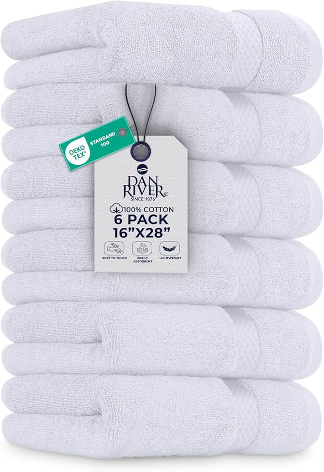 DAN RIVER 6-Pack Premium Hand Towels (16x28 Inches) - 100% Cotton, Ultra Soft, Lightweight, Highly Absorbent Towels for Bathroom, Spa, Gym, Salon, Hotel, and Travel - White