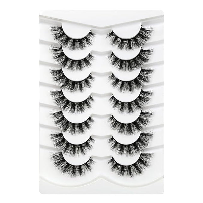 Happy Heartbeat 3D Clear Band Lashes 14mm Natural Soft Faux Mink Lashes C/D Curl Cat Eye Wispy Fake Eyelashes Short Cross Reusable False EyeLashes 7 Pairs (No.368)