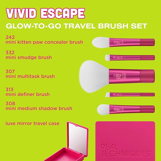 Real Techniques Vivid Escape Glow-To-Go Travel Makeup Brush 6 Piece Set, Mini Size Makeup Brushes For Eyeshadow, Concealer, Contour, & Blush, Includes Mirror Cosmetic Case, Cruelty-Free & Vegan