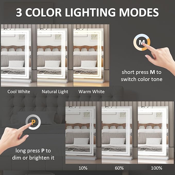 YOURLITE Vanity Mirror with Lights, 32"x 23" Hollywood Mirror with Double LED Lights, 3 Colors Modes & Adjustable Brightness, Makeup Mirrors Vanity Mirror 10x Spot Mirror, USB Charging Port