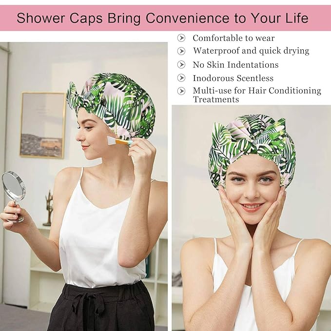 Shower Cap Luxury Shower Caps for Women Reusable Waterproof Hair Cap for Shower with Adjustable Bowknot Hair Bath Cap (Green Palm)