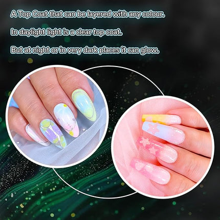 U-Shinein Glow In The Dark Gel Polish - Glitter Luminous Blue Nail Gel Top Coat with Fine glitter decoration No Wipe Long-lasting Transparent Glow UV LED Needed, Perfect for Any Festival Halloween