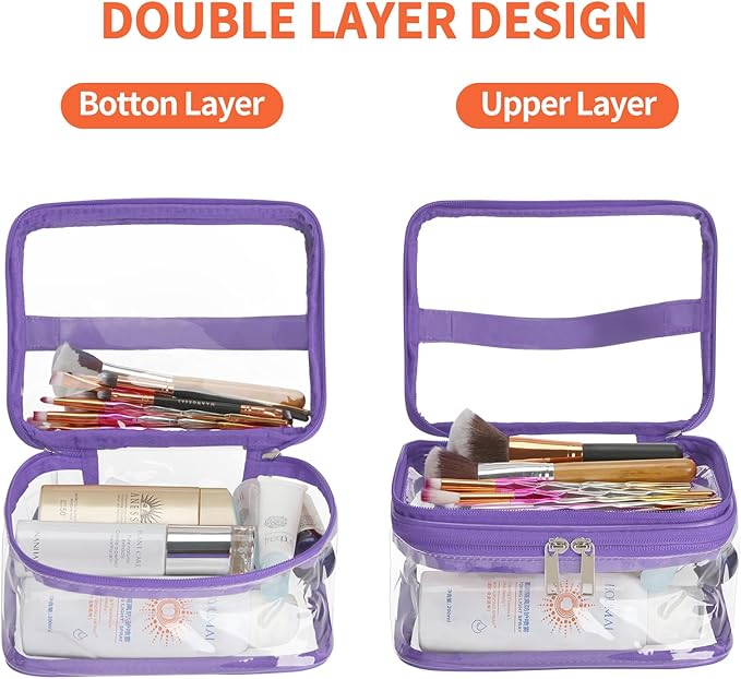 HAOGUAGUA Double Layer Clear Cosmetic Bag Makeup Bag, Waterproof Travel Toiletry Bag, Transparent PVC Pouch Organizer (Purple)