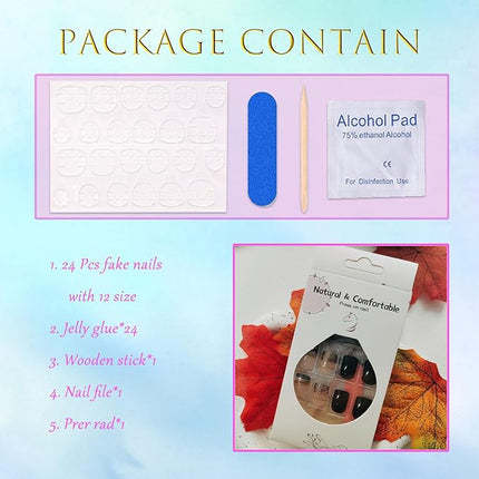 Fall Press on Nails Square Short Brown French Tip Nails Press Ons 24 Pcs Glossy Glitter Designs