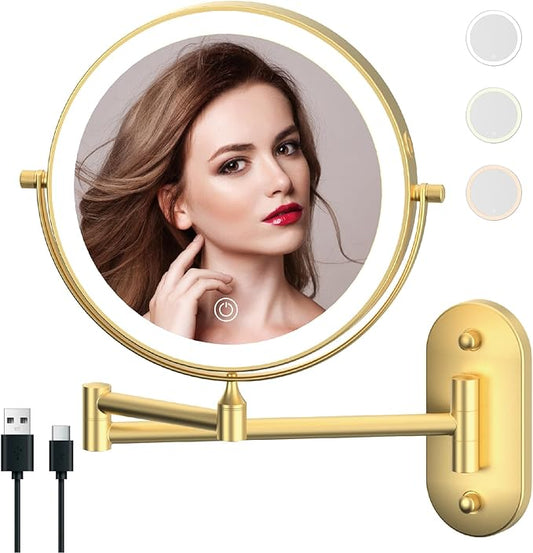 Rechargeable Wall Mounted Lighted Makeup Vanity Mirror 9 Inch Double Sided 1X 10X Magnifying Bathroom Mirror, 3 Color Lighting, Touch Screen Dimming, 360 Rotation Shaving Mirror Gold