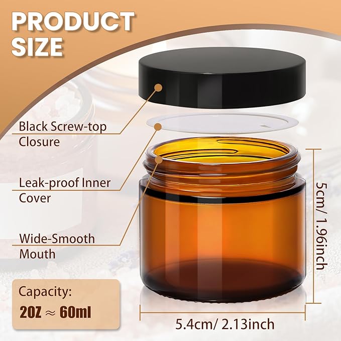 2oz Amber Glass Jars with Lids - 40 Pack Leakproof Small Cosmetic Containers with Inner Liners, Wide-Round Smooth Mouth, Sealable for Creams, Lotions, Essential Oils, Body Butter, Travel Samples