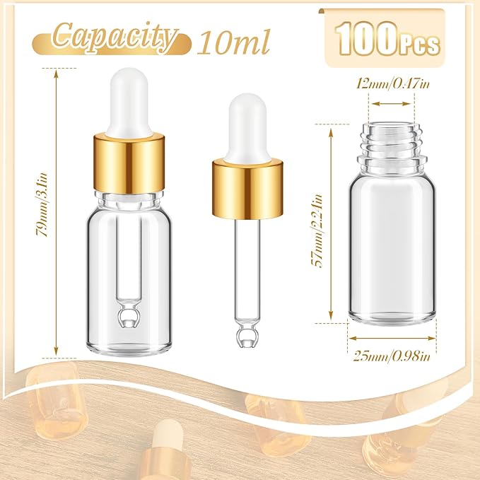 100 Pcs Mini Glass Oil Dropper Bottle Bulk, Clear Essential Small Empty Bottles Sample Containers Perfume Liquid Vials with Cap for Traveling (10 ml,Gold)