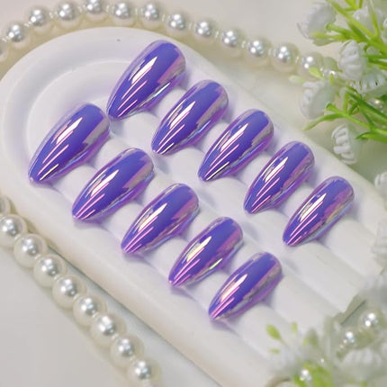 Almond Press on Nails Medium Fake Nails with Chrome Aurora Designs Glossy Purple Nails Press ons Full Cover Acrylic Nail Cute Stick on Nail for Women 24 Pcs