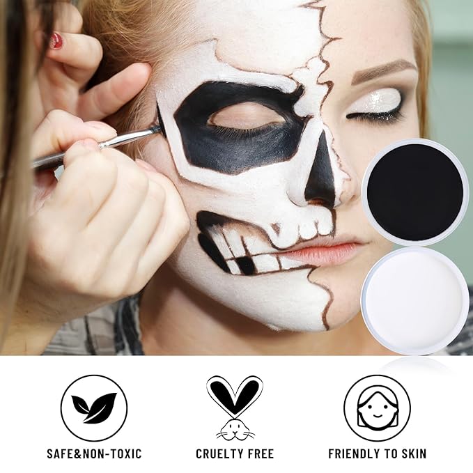 BOBISUKA Black & White Face Body Paint + Setting Powder + 3PCS Artist Brushes Face Painting Kit for Adult Large Capacity Professional Oil Based Cream Paints Palette For Halloween Clown Skeleton Vampir