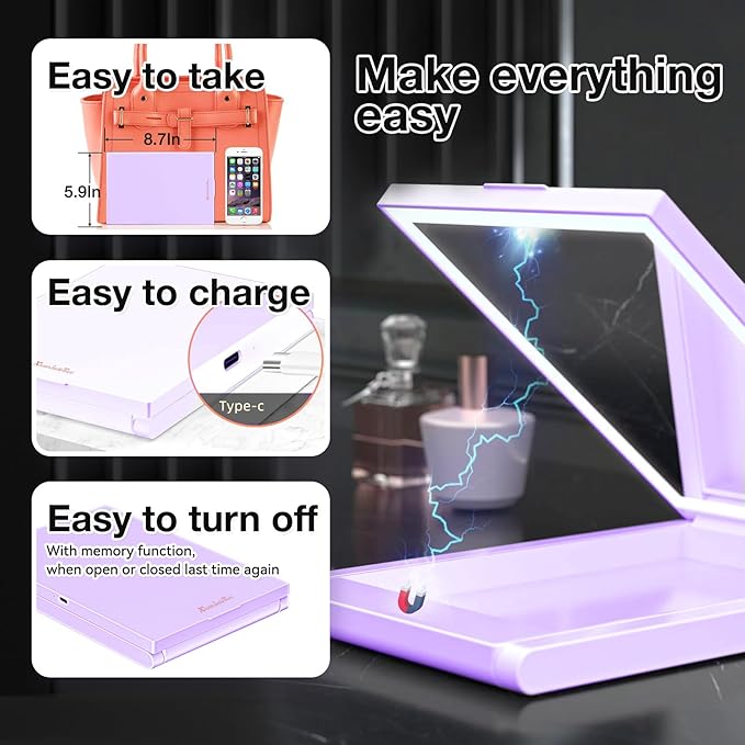 10X Magnifying Lighted Makeup Mirror, Rechargeable, ABS & Glass, Tabletop Mount, 3 Color Lighting, 1200mAh Battery