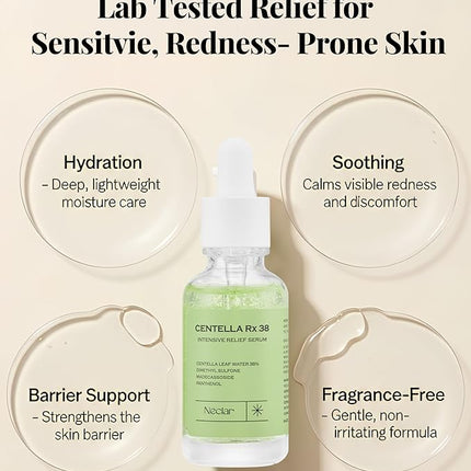 Centella Asiatica Serum Korean - Redness Corrector for Face - 38% Cica Leaf Water and Madecassoside - Ph Balanced - Barrier Support - Lightweight Calming - Rosacea Skincare Serum - Centella Ampoule