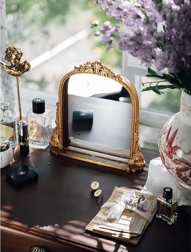 Vintage Antique Gold Framed Tabletop Mirror - Small Decorative Mirror with Carved Resin Frame for Vanity, Desk, or Shelf Decor