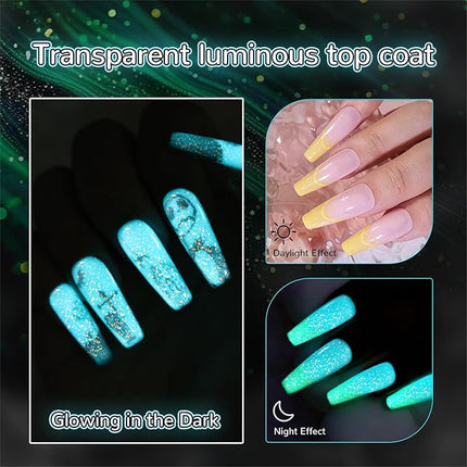 U-Shinein Glow In The Dark Gel Polish - Glitter Luminous Blue Nail Gel Top Coat with Fine glitter decoration No Wipe Long-lasting Transparent Glow UV LED Needed, Perfect for Any Festival Halloween