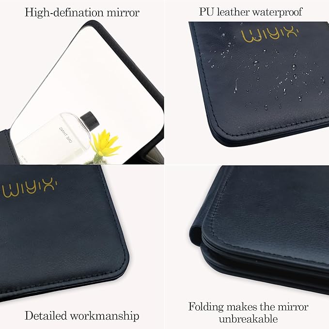 Foldable Travel Makeup Mirror, Adjustable Angle Portable Standing Vanity Mirror, Compact PU Leather Design for Home/Camping/Desktop Use,Classic Black (8.4"x6")