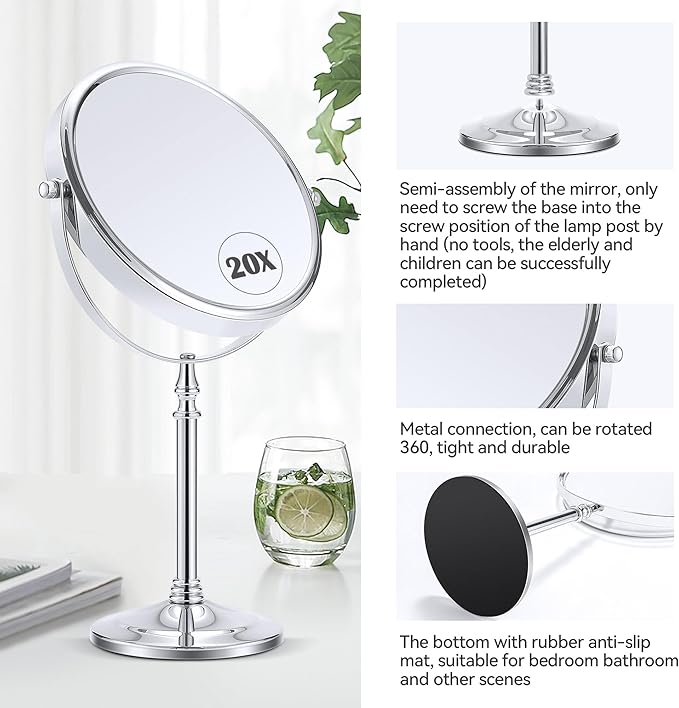 MIYADIVA Magnifying Mirror 20x, Double Sided 1X & 20X Magnifying Mirror on Stand, Large Tabletop Magnified Vanity Mirror, Magnified Mirrors with 360°Rotation for Bathroom or Bedroom,8 Inches