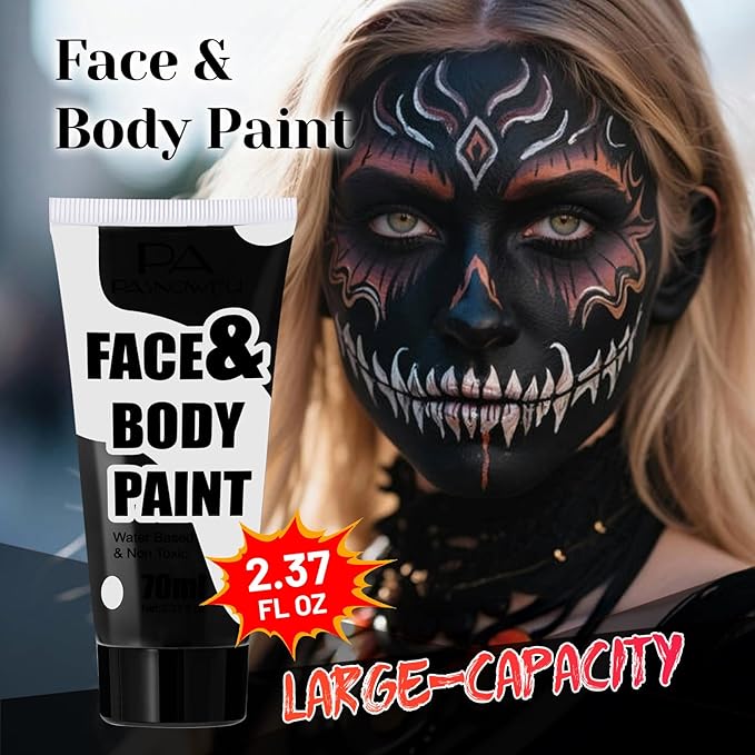 Black Face Paint 70ml - Professional Water-Based Full Coverage Body Paint for Skeleton, Clown & Vampire Looks, Non-Toxic Washable Face Body Paint for Adults Halloween SFX Cosplay Makeup
