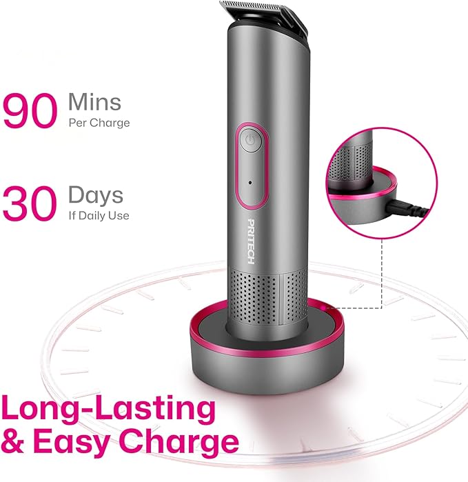 PRITECH Bikini Trimmer for Women - Rechargeable Pubic Hair Trimmer Women for Sensitive Skin, Wet & Dry Use, Pain-Free Electric Razor&Shaver with Standing Recharge Dock, Ideal Gift, Slate Grey