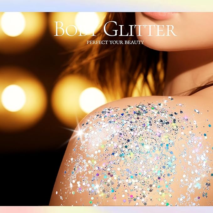 Teenitor Body Glitter, Body Glitter Gel, Hair Glitter, Face Glitter, Holographic Chunky Makeup Silver Glitter Gel for Face, Makeup, Hair, Eye