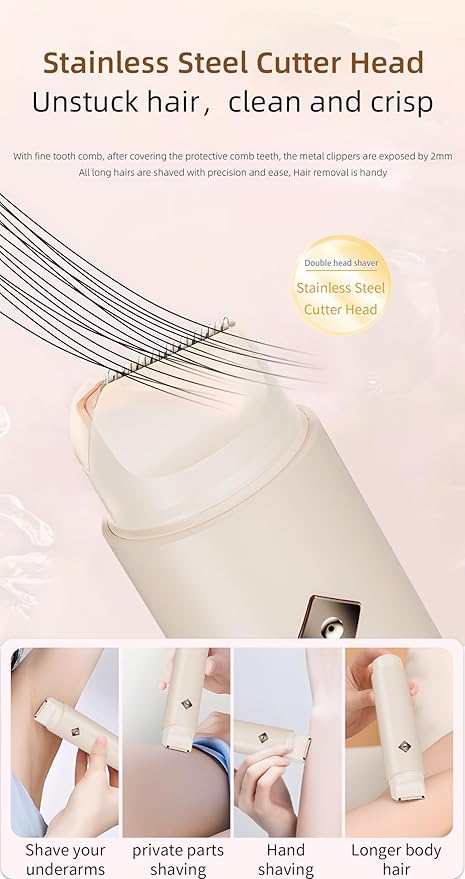 Dual-Head Rechargeable Hair Trimmer for Women, Body Shaver with 3D Floating Blades, Detachable Heads, Smooth & Painless Hair Removal