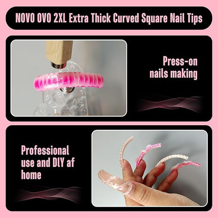 NOVO OVO Halloween Curved Nail Tips Press on Full Cover, Extra Curve Square Gel x Thick Long XL XXL Acrylic Fake Nails Extension kit, Clear Pre-etched French False Nail 12 Sizes 240pc QUEEN SQUARE PRO