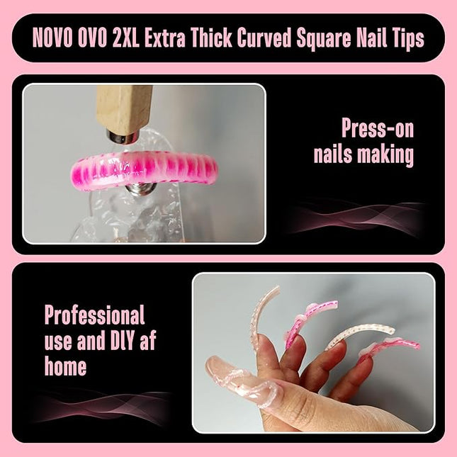 NOVO OVO Halloween Curved Nail Tips Press on Full Cover, Extra Curve Square Gel x Thick Long XL XXL Acrylic Fake Nails Extension kit, Clear Pre-etched French False Nail 12 Sizes 240pc QUEEN SQUARE PRO