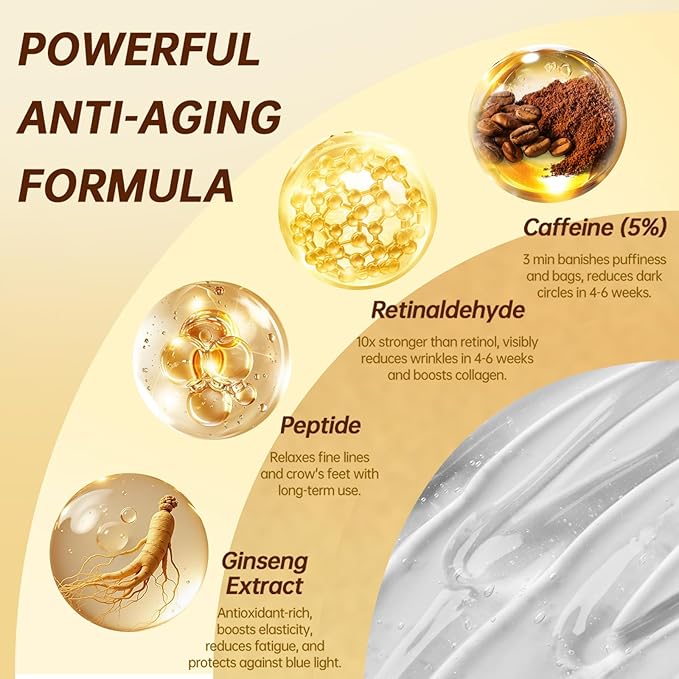 5% Caffeine Eye Serum Roller, Eye Cream for Dark Circles & Wrinkles - with Retinal Hyaluronic Acid, Instant Depuffing Eyelid Lift, 0.51 fl oz